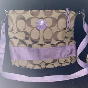 Coach Brown Signature Crossbody with Lilac Trim
